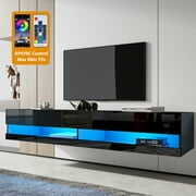 Rent to own Floating TV Stand for 80 inch TVs, HSUNNS Wall Mounted Floating Entertainment Center with Lights APP/Remote Control, Modern High Glossy Floating Media Console for Living Room, Black