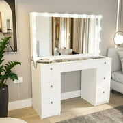 Rent to own Boahaus Ibbie Modern Painted Vanity Desk, USB Port, Lights, for Bedroom