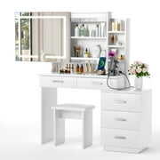 Rent to own Large Makeup Vanity Desk with Sliding Lighted Mirror Power Outlet Movable 3-Drawer Chest and Shelves White