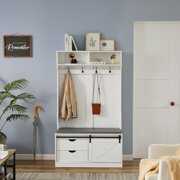 Rent to own HUTWIFE 71" Entryway Bench with Sliding Barn Door, Hall Tree with Coat Rack and Storage Bench, Wood Coat Tree (White)