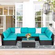 Rent to own Kinbor 7pcs Outdoor Patio Rattan Wicker Furniture Sectional Sofa Set with Blue Cushions