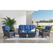 Rent to own PARKWELL 5 Piece Patio Wicker Furniture Set with 3-Seat Sofa,2 Chairs and 2 Ottoman,Brown Wicker and Blue Cushion