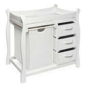 Rent to own Badger Basket Sleigh Style Baby Changing Table with Hamper and 3 Baskets, White, Includes Pad