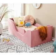 Rent to own Moogeer Toddler Bed Frame with Safety Guardrails, Fits a Standard Crib Mattress, Upholstered Kids Bed (Pink)