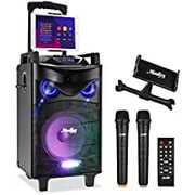 Rent to own Moukey Karaoke Machine, 10" Subwoofer PA System, Portable Bluetooth Speaker with 2 Wireless Microphones, Tablet Holder, Remote, Disco Lights & Wheels, Bass Boost, Supports TWS/REC/AUX/MP3/USB