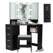 Rent to own USIKEY Corner Vanity Set with 3-Fold Mirror and Charging Station, Makeup Vanity Table with 10 LED Lights, USB Ports, Outlets and 4 Drawers, Vanity Dressing Table with Cushioned Stool, BlackYSZT031HN