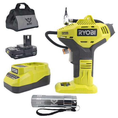 Rent to own Ryobi and BUHO Portable High Pressure Power Inflator Bundle, Includes Ryobi P737D Inflator, Charger, 18-Volt 1.5 Ah Lithium-ion Battery, 16 Inch Buho Tool Bag and Pocket Flashlight