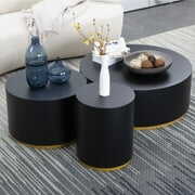 Rent to own Williamspace Black Coffee Table 3 Pieces End Table with Gold Rim Bottom Round Wood Side Table Set of 3 for Living Room Bedroom