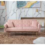 Rent to own Zarler Velvet Futon Sofa Bed 64" Velvet Arm Convertible Sofa Bed with 5 Golden Metal Legs Futon Couch Furniture for Living Room Bedroom, Pink