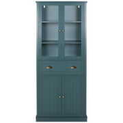 Rent to own VEIKOUS 72'' Kitchen Pantry Storage Cabinet Cupboard with Glass Doors, Large Drawer & Adjustable Shelves, Blue