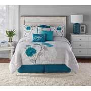 Rent to own Mainstays 7-Piece Teal Roses Comforter Set, with Shams, Comforter, 3 Dec Pillows and Bed Skirt