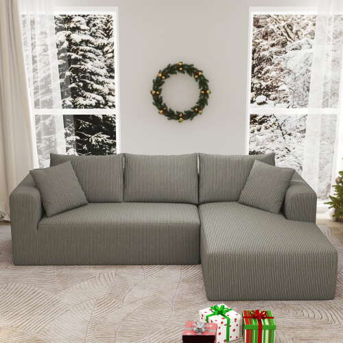 Rent to own DEALTOPS 104'' Modular L-Shape Sectional Sofa with Chaise, Comfy Deep-Seat Cloud-Couch, Corduroy - Gray