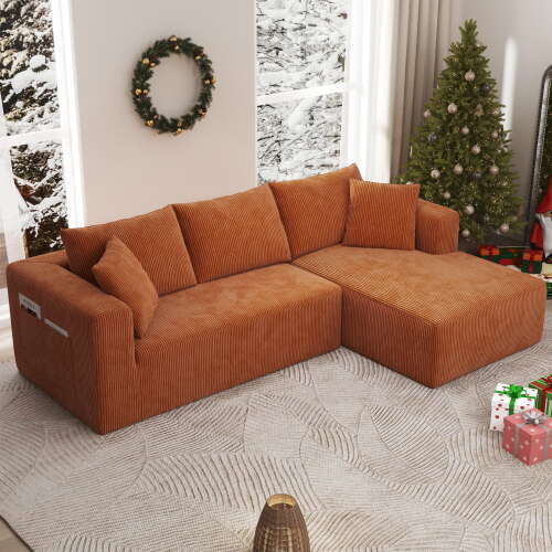 Rent to own DEALTOPS 104'' Modular L-Shape Sectional Sofa with Chaise, Comfy Deep-Seat Cloud-Couch, Corduroy - Orange