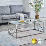 Rent to own Glass Top Coffee Table Silver Stainless Steel Rectangular Frame for Living Room 47.2" Modern Sleek Center