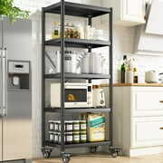 Rent to own Raybee Storage Shelves with Rolling Wheels Heavy Duty Metal Shelving Unit 5 Tier Adjustable Kitchen Bakers Rack, 23.5"L x 15.6"W x 63"H Black