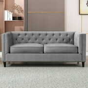 Rent to own Mixoy Velvet 3-Seater Sofa, 77" Mid-Century Modern Sofa Furniture with Tufted Button, Upholstered Sofa Couch for Living Room, Bedroom (Sofa, Light Grey)