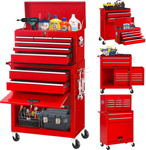 Rent to own Suncrown 2-IN-1 Tool Chest & Cabinet, Large Capacity 8-Drawer Rolling Metal Tool Box Organizer with Wheels Lockable, Red