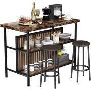 Rent to own 3 Piece Kitchen Island Set, Counter Height Bar Table Set with Faux Marble Top, Breakfast Dining Table Set with 2 Stools and 2-Tier Shelves, Pub Dinette Set for Small Spaces, Coffee, L0505