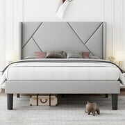 Rent to own Queen Bed Frame,Upholstered Platform Bed Frame with Wingback Headboard,Light Gray
