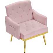 Rent to own SYNGAR Mid Century Modern Velvet Single Sofa Chair, Upholstered Accent Living Room Chair, Comfy Armchair with Golden Metal Legs, Cushioned Seat and Backrest for Reading or Lounging, Pink