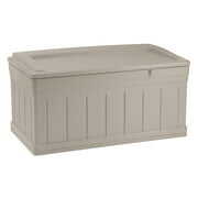 Rent to own Suncast Outdoor 129 Gallon Resin Deck Box with Seat, Light Taupe