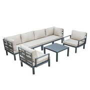 Rent to own LeisureMod Hamilton Modern 7-Peice Modular Outdoor Sectional Aluminum Patio Conversation Set with Coffee Table & Beige Cushions