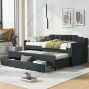 Rent to own EUROCO Twin Size Upholstery Daybed with Trundle and Drawers for Kids Bedroom, Gray