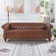 Rent to own 84" Chesterfield Sofa with Rolled Arms, Modern Button Tufted 3 Seater Sofa Couch with Silver Studs Trim and Solid Wooden Legs Comfy PU Leather Upholstered Sofa for Living Room Small Spaces, Brown