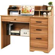 Rent to own Catrimown Computer Desk with Drawers, Wood Home Office Desk with Drawers and Hutch, PC Desk with Monitor Stand, Rustic Brown