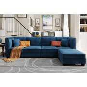 Rent to own Sobaniilo 5 Pieces Modular Sectional Sofa Couch with Reversible Chaise 116” Velvet L-Shaped Couch Sofa 4-seat Modular Large Sectional Couch with Ottoman for Living Room, Upholstered Cushion, Blue