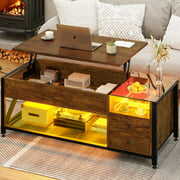 Rent to own Lift Top Coffee Table with USB Ports and Outlets, Center Table with LED Strip for Living Room, Rustic Brown