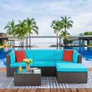 Rent to own Sobaniilo 5 Piece Patio Furniture Sets, All-Weather Brown PE Wicker Small Patio Conversation Set Garden Patio Sofa Set With Ottoman, Blue Pillow