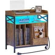 Rent to own ADORNEVE Record Player Stand with Charging Station and LED Lights, Mid Century Modern Turntable Stand, Vinyl Record Storage Cabinet with Wheels & Metal Frame, for Living Room, Bedroom,Rustic Brown