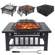 Rent to own Fire Pit Bowl, SEGMART 32" Outdoor Square Metal Fire Pit with Grill Net, Wood Burning BBQ Grill Fire Pit with Cover/Ice Pit/Tongs, Backyard Patio Garden Bonfire Pit for Camping/Heating/Picnic, LL577