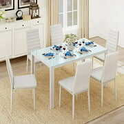 Rent to own Aiho 7 Piece Dining Table Set Rectangular Glass Dining Table with 1 Table 6 Chairs ,White