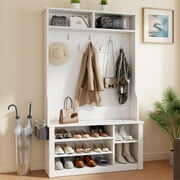 Rent to own Lofka Hall Tree with Bench and Shoe Storage - White Hall Tree for Entryway with Storage