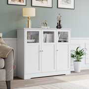 Rent to own Homfa White Accent Cabinet, 37.4'' Tall Storage Sideboard Cabinet with 3 Glass Doors