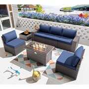 Rent to own Gotland 7 Pieces Outdoor Patio Furniture Set with 43" Fire Pit Table Sets Outdoor Furniture Patio Conversation Set (Navy Blue)
