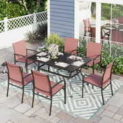 Rent to own Sophia & William 7 Piece Patio Dining Set Rectangular Patio Dining Table and 6 Red Textilene Chairs