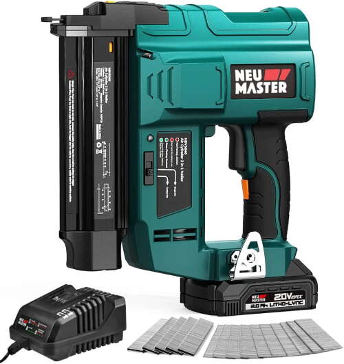 Rent to own NEU MASTER Cordless Brad Nailer , 18 Gauge 2 in 1 Nail Gun/Staple Gun with 2.0Ah Li-ion Battery, 1000pcs Nails and 500pcs Staples Included, for Home Improvement, Woodworking