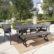 Rent to own Adan Outdoor 6 Piece Aluminum Dining Set with Bench and Wicker Dining Chairs with Cushions, Grey, Black