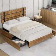 Rent to own Homfa Queen Bed Frame with 4 Storage Drawers, Industrial Wood and Metal Panel Headboard, Rustic Brown