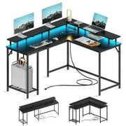 Rent to own SUPERJARE L Shaped Desk with Outlets & USB Ports, Computer Desk with LED Light Strip, Corner Gaming Desk, L Office Desk, Monitor Stand, Hooks, and Storage Shelves, Black