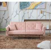 Rent to own KINFFICT Velvet Futon Sofa Bed with Tufted Split Back, Convertible Sleeper Sofa Couch with Two Pillows, Loveseat for Living Room and Bedroom, Pink