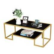 Rent to own Kinbor Modern Coffee Table, Bedroom Simple Center Table with Open Storage Shelf Tempered Glass, Golden & Black