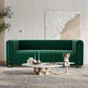 Rent to own KINFFICT Velvet Upholstered Couch, 3-Seater Channel Stitch Sofa, Modern Sofa with Metal Legs, Living Room Furniture, Green