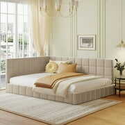 Rent to own Bellemave Upholstered Full Size Daybed, Tufted Floor Sofa Bed Frame with Wood Slat Support, Corner Full Beds for Living Room Bedroom (Beige)