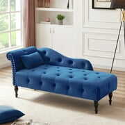 Rent to own Accent Velvet Chaise Lounge Chair Modern Button Tufted Upholstered Seat Leisure Sleeper Sofa Couch Recliner Chair with Nailheaded and Matching Pillow, Solid Wood Legs, Blue