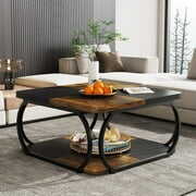 Rent to own Square Coffee Table with 2 Tiers, 40 inches Low Farmhouse Coffee Table with Wood Storage Shelf