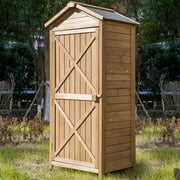Rent to own Outdoor Wood Storage Shed with Waterproof Asphalt Roof, Garden Tool Organizer Box with Lockable Doors and 2-tier Shelves Lean-to Storage Cabinet with Folding Workstation for Backyard Lawn, Natural